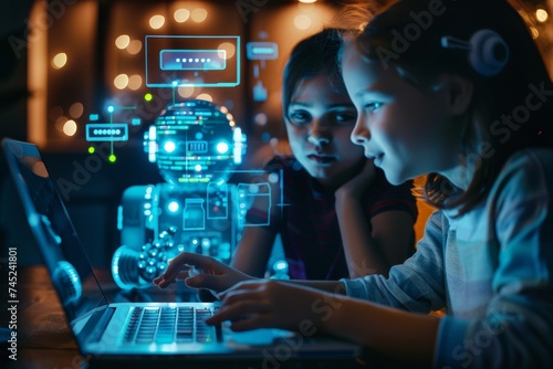 Smiling Children Engaging with an AI Chatbot on a Laptop - Futuristic Technology Concept