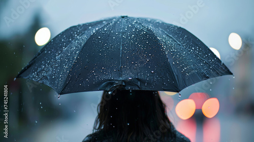 Person under an umbrella amidst rain and city night lights.