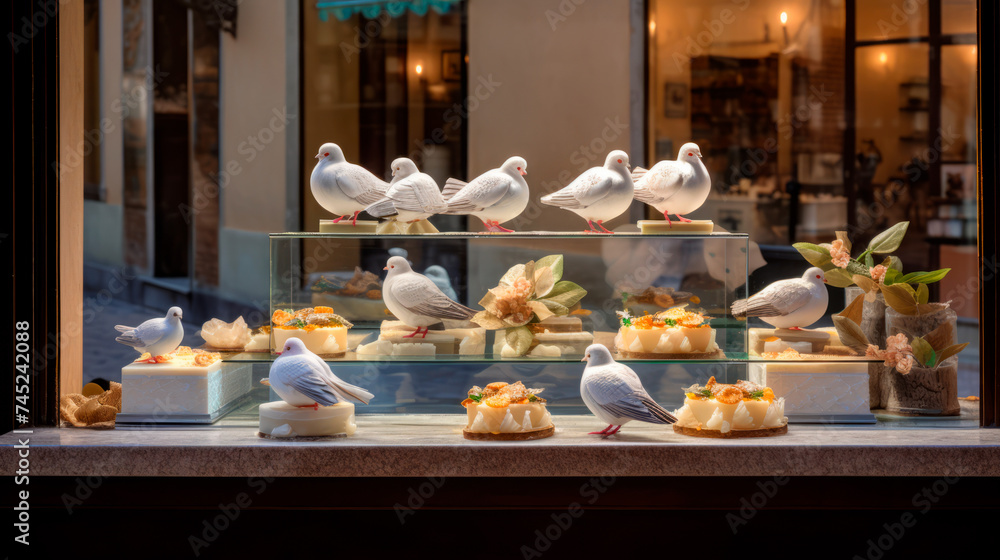 Porcelain doves grace pastries in a window display, crafting a