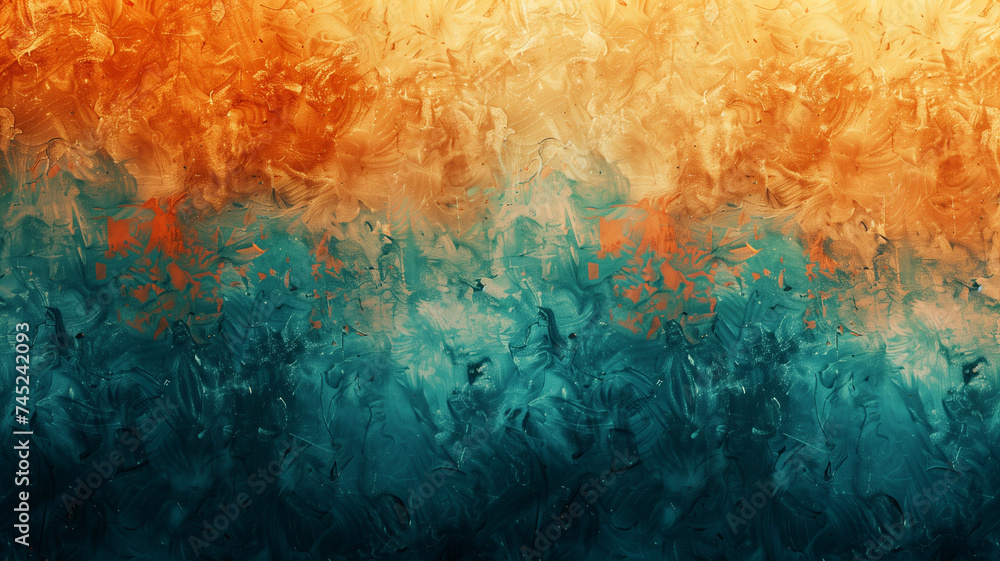 A banner displaying an abstract textured background, featuring a vibrant brushstroke pattern with a seamless gradient transition from orange to teal. - obrazy, fototapety, plakaty 