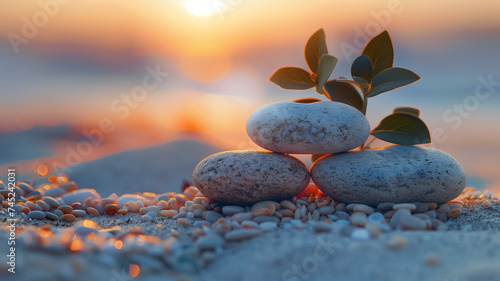 A banner depicting a sage twig and rounded pebble rocks laid out on sand  under the soft glow of sunset.