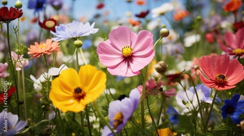 Colorful meadow and garden flowers with insects  