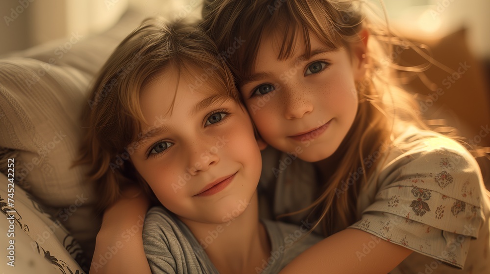 Siblings hugging at the beach on the sofa. sunlight