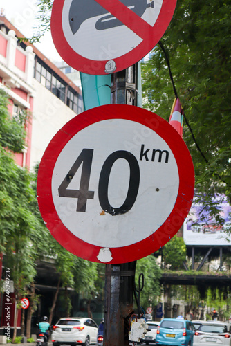 close up of speed limit sign with a speed limit of 40 km per hour. surabaya, indonesia - 21 february 2024