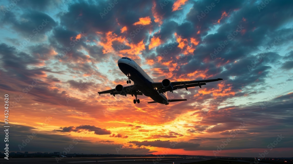 Jet airliner taking off at sunset, vibrant sky, dynamic clouds, dramatic silhouette Generative AI Jet airliner taking off at sunset, vibrant sky, dynamic clouds, dramatic silhouette Generative AI