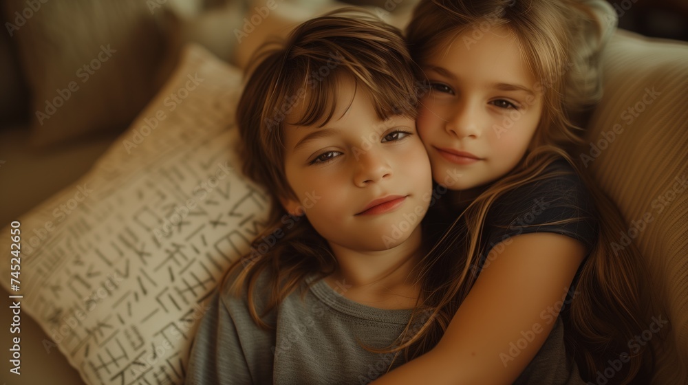 Siblings hugging at the beach on the sofa. brother and sister. Siblings hugging at the beach on the sofa. brother and sister.