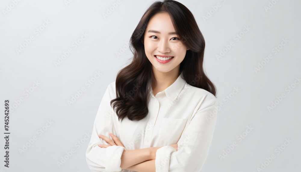 Young female professional. White background, copy space. Business Casual wearing white blouse. Natural look. Product advertising face testimonial. Happy smiling face. Advertising Campaign model. Young female professional. White background, copy space. Business Casual wearing white blouse. Natural look. Product advertising face testimonial. Happy smiling face. Advertising Campaign model.