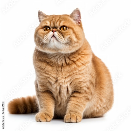 Joyous Exotic Shorthair Cat sitting on a white background, plush coat, content and relaxed Generative AI
