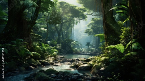 Generative AI Lush rainforest with diverse flora and fauna, emphasizing biodiversity and ecosystem preservation.