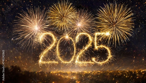 happy new year 2025 - golden design, golden fireworks, sparks