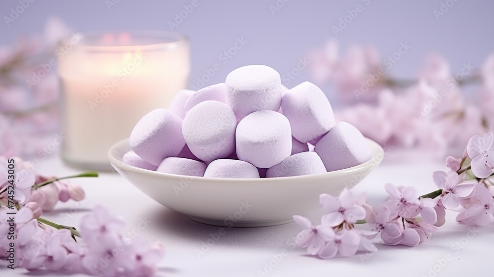 Marshmallows in soft lavender, miniature round-shaped, clustered on a white surface, ambient lighting, dainty and elegant arrangement Generative AI Marshmallows in soft lavender, miniature round-shaped, clustered on a white surface, ambient lighting, dainty and elegant arrangement Generative AI