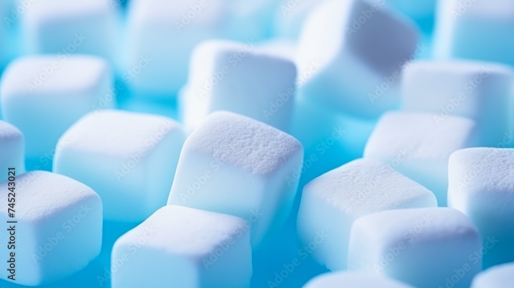 Obraz premium Marshmallows in vibrant blue, square-shaped, neatly aligned on a white surface, bright lighting, modern and crisp atmosphere Generative AI