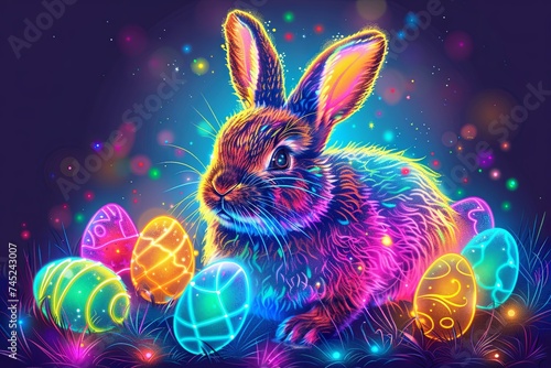 a neon-lit illustration of a cute bunny and vibrant eggs