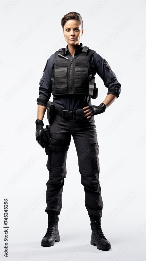 Generative AI Middle-aged female police officer in uniform, subtle smile, confident posture, full-height view on a plain white backdrop Generative AI Middle-aged female police officer in uniform, subtle smile, confident posture, full-height view on a plain white backdrop