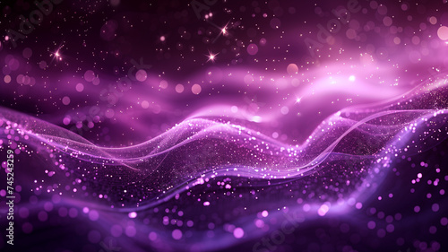 abstract background with a digital wave of purple particles, dotted with shining stars and light points.