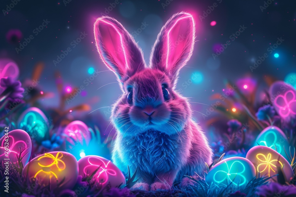 a vibrant neon-lit illustration featuring a cute bunny and colorful eggs a vibrant neon-lit illustration featuring a cute bunny and colorful eggs