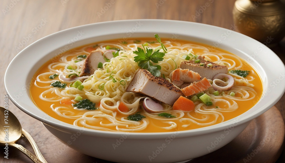 A stunning image showcasing a bowl of soup as a wonderful masterpiece of culinary artistry and the high resolution photograph captures every detail of the dish's exquisite presentation
A stunning image showcasing a bowl of soup as a wonderful masterpiece of culinary artistry and the high resolution photograph captures every detail of the dish's exquisite presentation