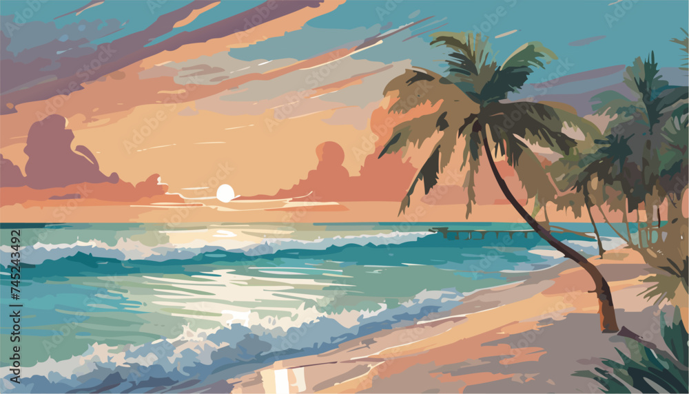 Tropical landscape with ocean and palm trees.  Ai generated