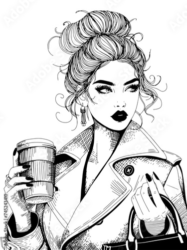 vector fashion woman line art illustration coffee to go cup ink pen drawing, fashion girl illustration hair bun linear hair outline drawing, female style designer beauty sketch vogue model trench look