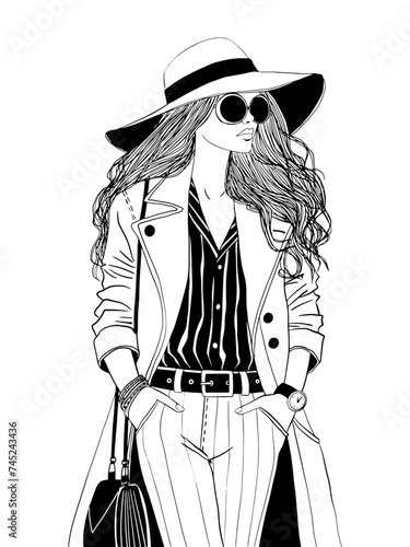 vector fashion woman line art illustration ink pen drawing, fashion girl illustration hair linear hat outline drawing, female style designer beauty sketch vogue model fashionable casual trench look