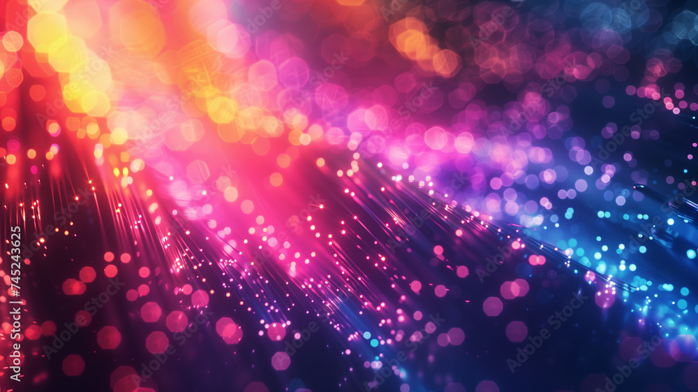 intricately layered colored electric cables and LEDs, with optical fibers casting a radiant glow. - obrazy, fototapety, plakaty 