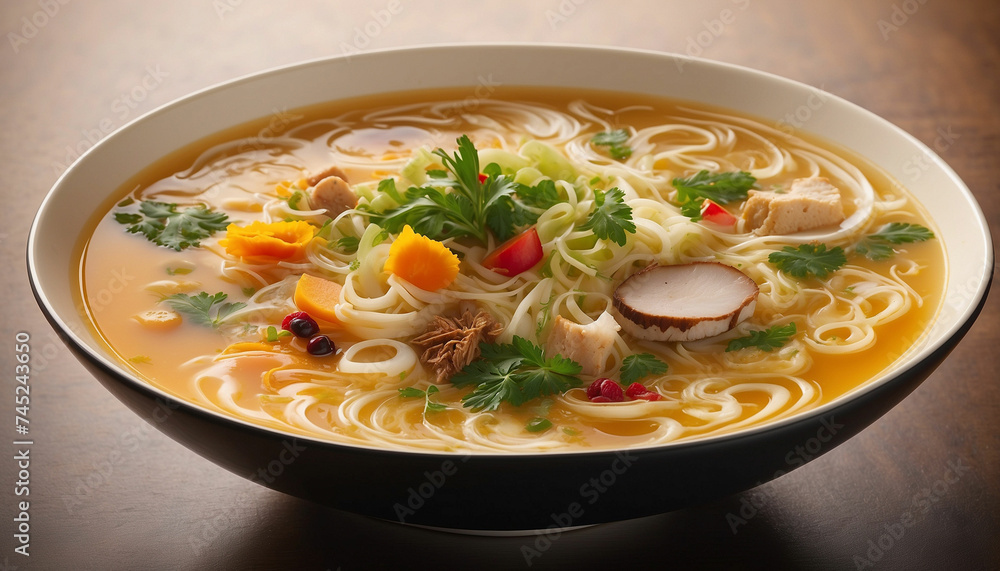 A stunning image showcasing a bowl of soup as a wonderful masterpiece of culinary artistry and the high resolution photograph captures every detail of the dish's exquisite presentation
