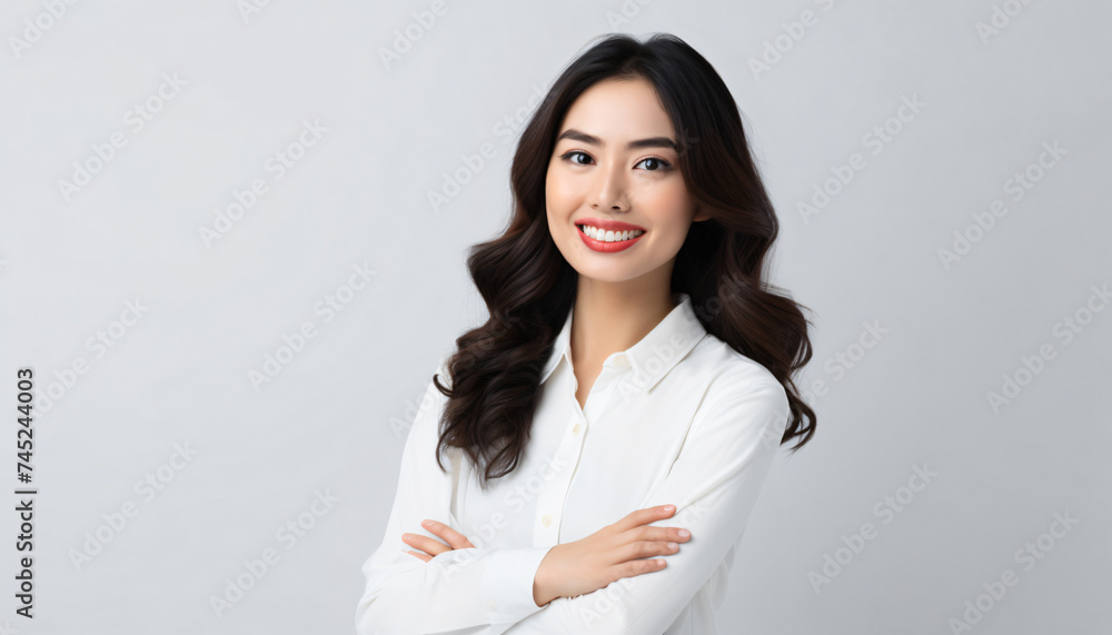 Young female professional. White background, copy space. Business Casual wearing white blouse. Natural look. Product advertising face testimonial. Happy smiling face. Advertising Campaign model. Young female professional. White background, copy space. Business Casual wearing white blouse. Natural look. Product advertising face testimonial. Happy smiling face. Advertising Campaign model.