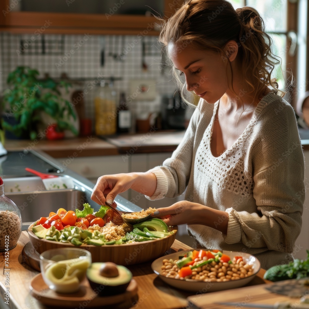 Woman Preparing a Vegan Superbowl with Fresh Vegetables and Smoothie in a Sunlit Kitchen Woman Preparing a Vegan Superbowl with Fresh Vegetables and Smoothie in a Sunlit Kitchen