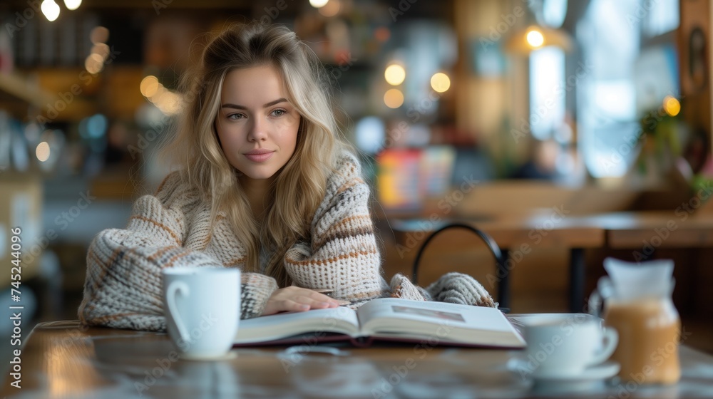 Portrait of beautiful woman reading a book in the cafe. Portrait of beautiful woman reading a book in the cafe.