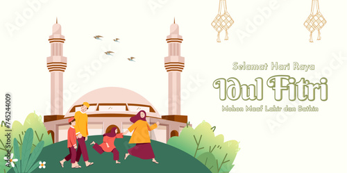 Translation : Happy Eid al Fitr. Moslem Family Walking to Mosque for Praying on Eid Celebration Vector Illustration photo