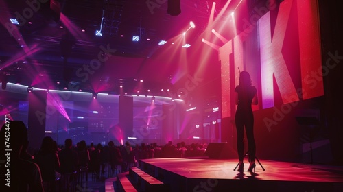 Female Public Speaker Delivering Speech at a Well-Lit Convention Center Stage in Front of an Audience