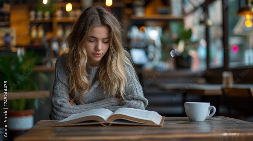 Portrait of beautiful woman reading a book in the cafe. Portrait of beautiful woman reading a book in the cafe.