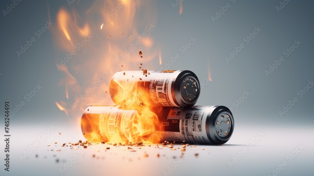 Fire covers battery ,Fire is burning the battery, it is dangerous to use the battery. - obrazy, fototapety, plakaty 