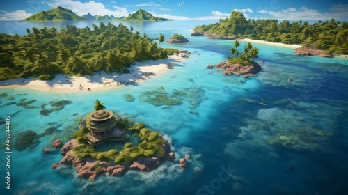 Generative AI Overhead shot revealing an exquisite island vista featuring palm-fringed coastlines, secret coves, and a vibrant underwater world thriving in the warm tropical waters. photorealistic