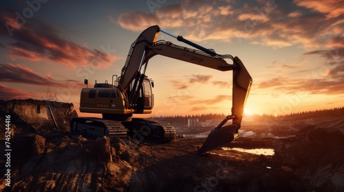  excavator in construction site on sunset sky background 