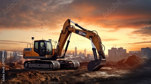  excavator in construction site on sunset sky background 