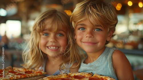 Happy children smiling and sharing pizza  having fun together