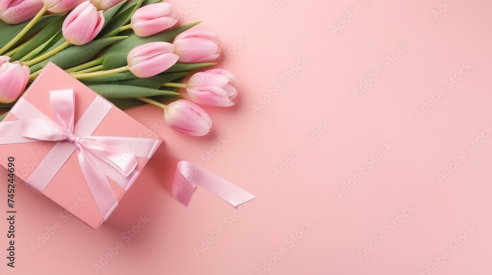 background for festival celebration,stylish pink giftbox with ribbon bow and bouquet of tulips background for festival celebration,stylish pink giftbox with ribbon bow and bouquet of tulips