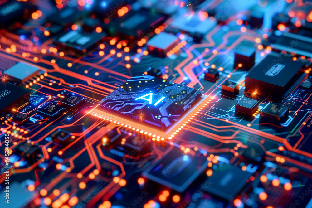 Against a backdrop of technological sophistication, microchips labeled with Against a backdrop of technological sophistication, microchips labeled with