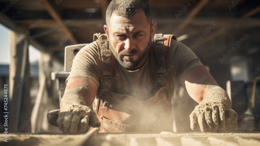 Generative AI Portrait of a builder pouring cement, skilled and efficient, construction equipment and materials in the background Generative AI Portrait of a builder pouring cement, skilled and efficient, construction equipment and materials in the background