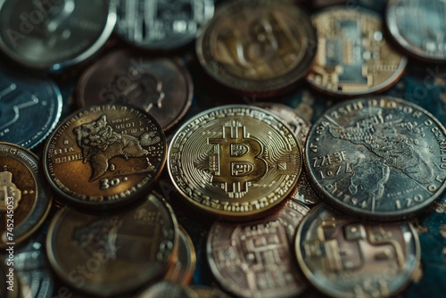 Close-up of a Bitcoin coin positioned alongside various coins, representing the convergence of conventional and digital currency systems.