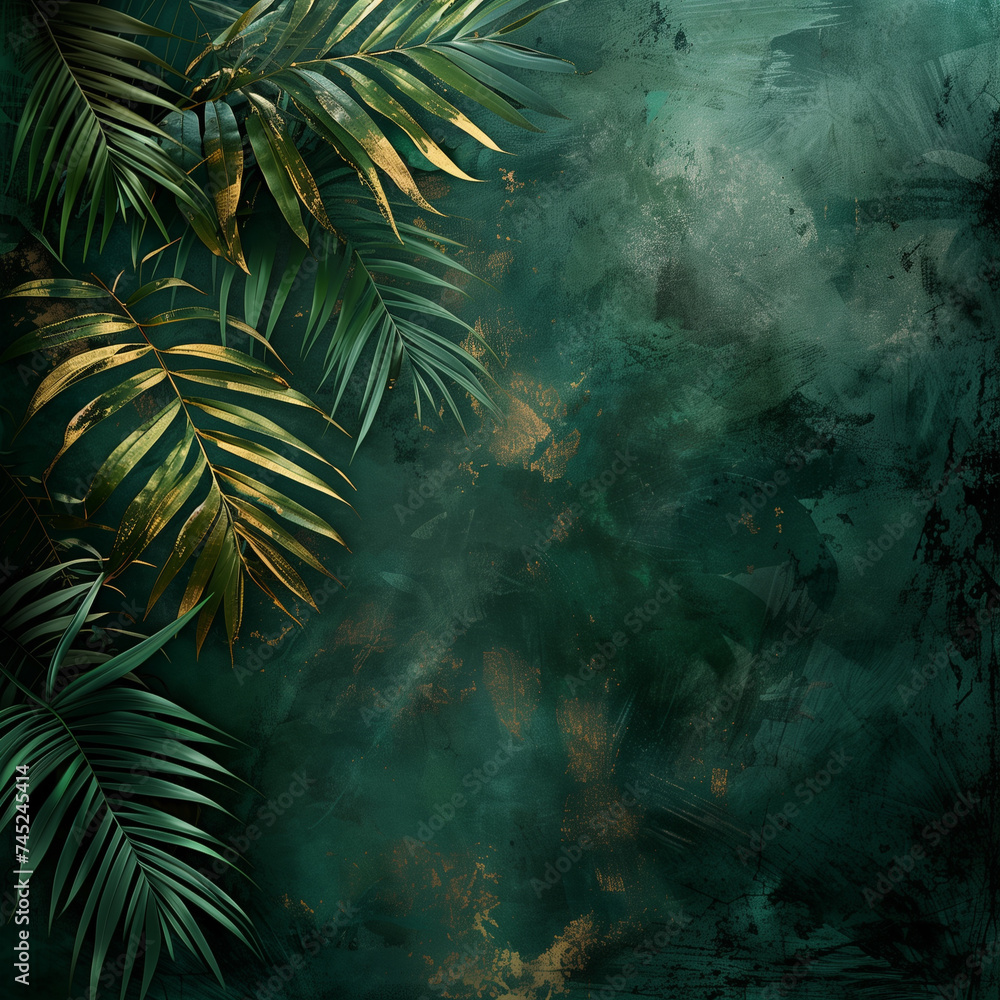 tropical leaf textures against a dark green background.