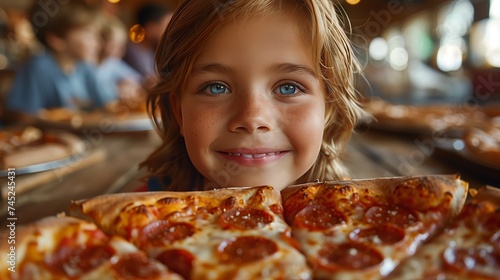 a little girl is looking at a large pepperoni pizza