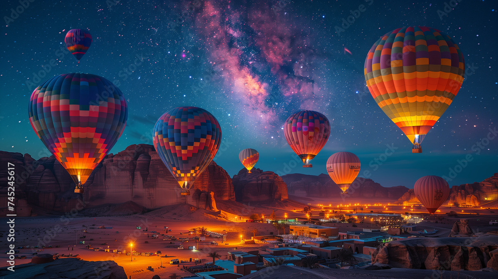 Al Ula's . colourful balloons fly over the UNESCO World Heritage Site and ancient city of Hegra, creating a magical view for those both in the air and on the ground. - obrazy, fototapety, plakaty 