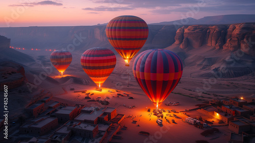 Al Ula's . colourful balloons fly over the UNESCO World Heritage Site and ancient city of Hegra, creating a magical view for those both in the air and on the ground. photo