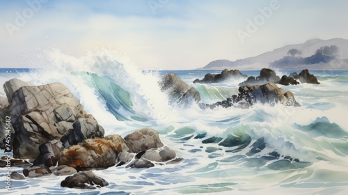 Generative AI Rugged coastlines with crashing waves. aquarelle
