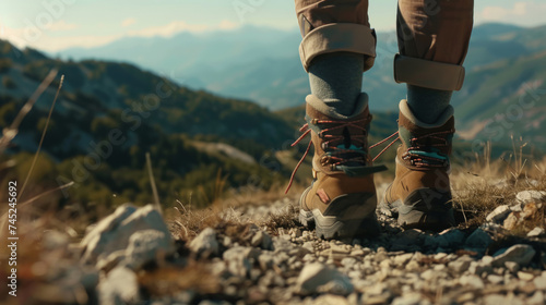 Close-up of hiker's boots on a rocky trail with scenic mountain backdrop.