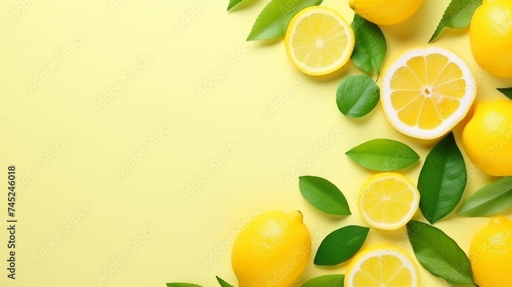 Slice lemon and lime with green leaves Slice lemon and lime with green leaves
