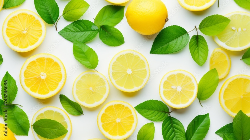 Slice lemon and lime with green leaves Slice lemon and lime with green leaves