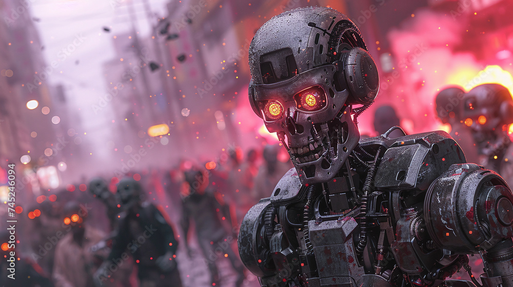 Futuristic robot uprising, cyborgs with red eyes marching through a dystopian city with smoke and dramatic lighting. Futuristic robot uprising, cyborgs with red eyes marching through a dystopian city with smoke and dramatic lighting.